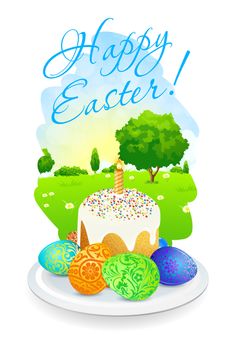 Easter Card with Landscape, Tree, Cake and Decorated Eggs