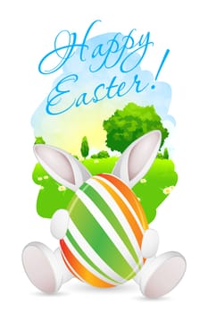 Easter Card with Landscape, Tree, Rabbit and Decorated Eggs