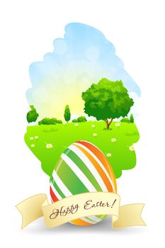 Easter Card with Landscape, Tree and Decorated Egg