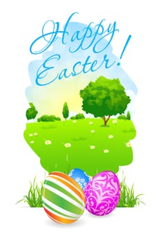 Easter Card with Landscape, Grass and Decorated Eggs