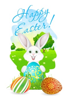 Easter Card with Landscape, Grass, Rabbit and Decorated Eggs