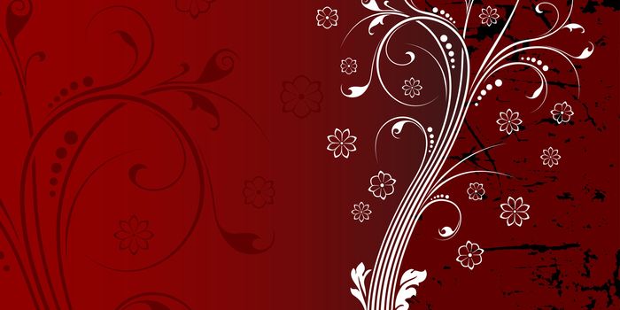 Abstract grunge background witn floral scrolls on red