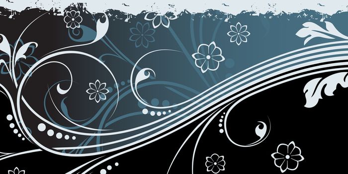 Abstract grunge background witn floral scrolls in blue color