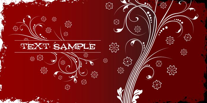 Abstract grunge background witn floral scrolls in red color and text decoration