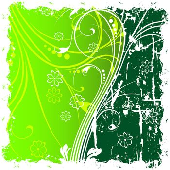 Abstract grunge background witn floral scrolls in green color