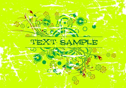 Abstract grunge background witn floral scrolls and text decoration