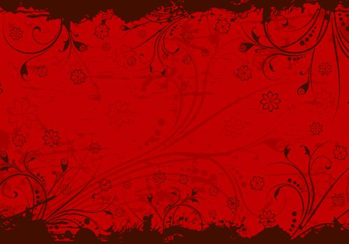 Abstract grunge background with floral scrolls in red color