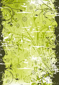 Abstract grunge background with floral scrolls in green color