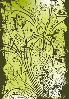 Abstract grunge painted background with floral scrolls vector illustration