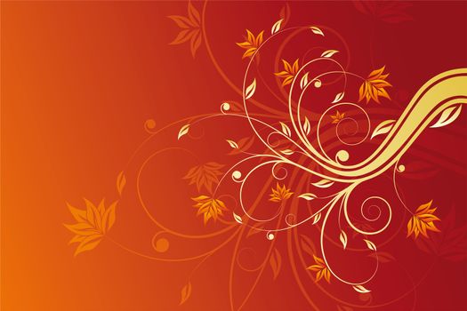 Abstract painted background with floral scroll in hot red