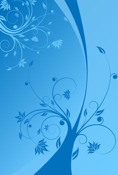 Abstract painted background with floral scroll in blue color