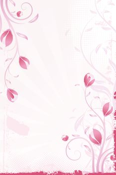 Abstract grunge pink background with flowers and leaves