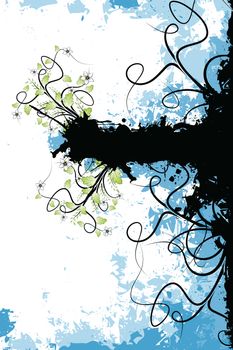 Abstract grunge vector floral background with scrolls