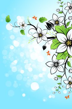 Blue Background with Flowers and  Butterfly