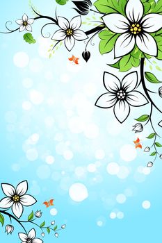 Blue Background with Flowers and  Butterfly