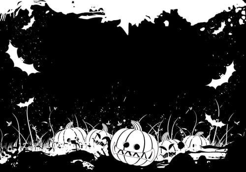 Grunge Halloween border with grass pumpkin and bat