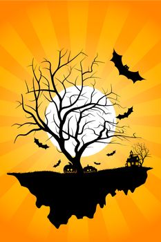 Halloween night background with tree house moon bat and rays