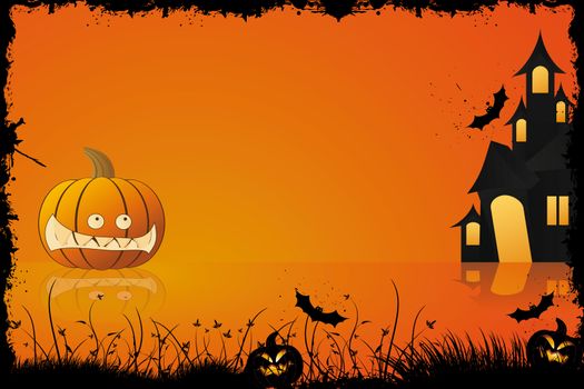 Grunge halloween frame with pumpkin in grass bat and house in background