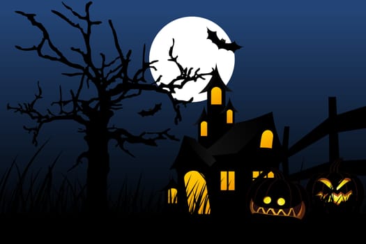 Halloween background with pumpkin in grass tree bat and house