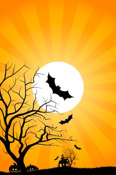 Halloween night background with tree house moon bat and grass