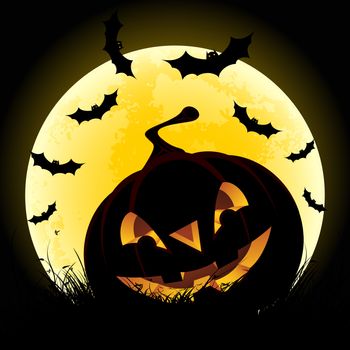 Halloween background with pumpkin in grass bats and moon