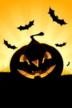 Halloween background with pumpkin in grass  bats and full moon