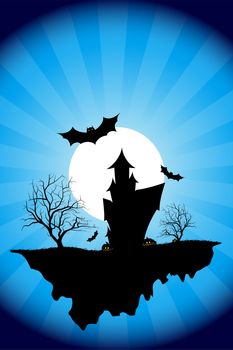 Halloween night background with tree house moon bat and rays