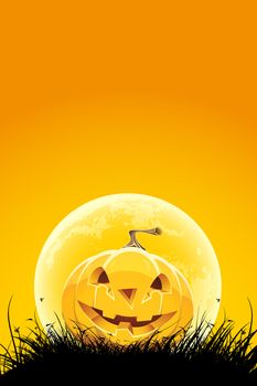 Halloween night background with pumpkin grass and moon