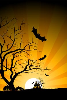 Halloween night background with tree pumpkin bat and house