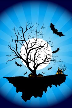 Halloween night background with tree house moon bat and rays