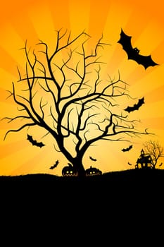 Halloween night background with tree pumpkin bat and house