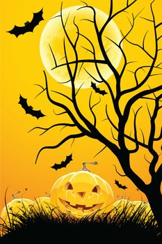 Halloween night background with tree moon pumpkin bat and grass