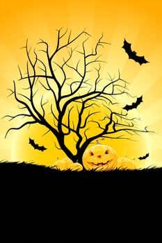 Halloween background with pumpkin in grass bat tree and moon