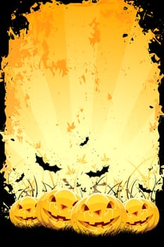 Grungy Halloween background with pumpkins in grass and bats