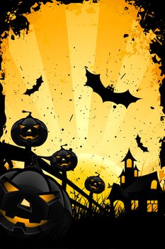 Grungy Halloween background with pumpkins  bats house and full moon