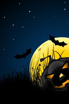 Halloween night background with pumpkin bats stars and moon