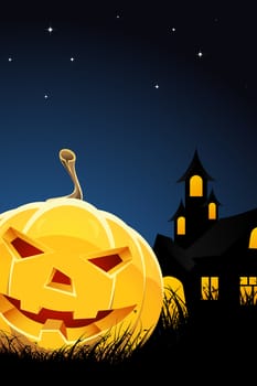 Halloween night background with pumpkin grass and house