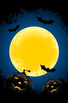 Grungy Halloween background with pumpkins  bats and full moon