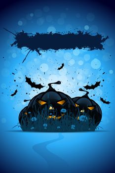 Abstract blue Grunge Halloween Party Template with Pumpkins Grass and Bats