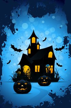 Halloween Background with Bats Pumpkins and Haunted House