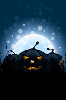 Halloween Background with Pumpkins in the Grass and Moon