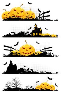 Grunge Halloween Banner with Pumpkins Bats and Haunted House