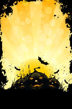 Grungy Halloween Background with Pumpkins, Bats and Full Moon