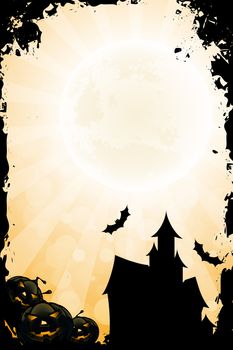 Grungy Halloween Background with Pumpkin Rays and Haunted House