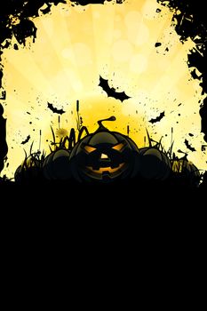 Grungy Halloween Background with Pumpkins, Bats, Grass and Full Moon