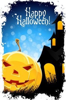 Grungy Halloween Background with Pumpkin and House