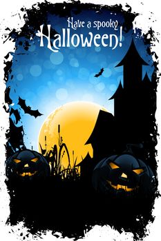 Grungy Halloween Background with Pumpkins, Bats, House and Full Moon