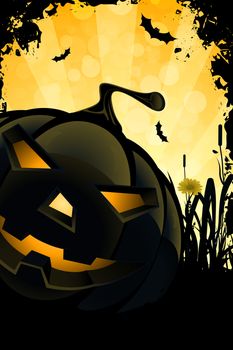 Grunge Halloween Party Background with Pumpkin Grass and Bats