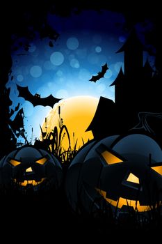 Grungy Halloween Background with Pumpkins, Bats, House and Full Moon