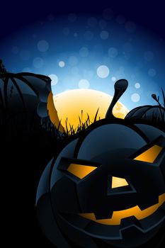 Grungy Halloween Background with Pumpkins,Grass and Full Moon